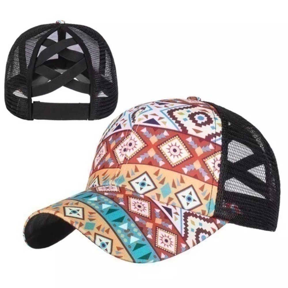 Western Aztec Print Criss Cross Back Ponytail Cap Hat
